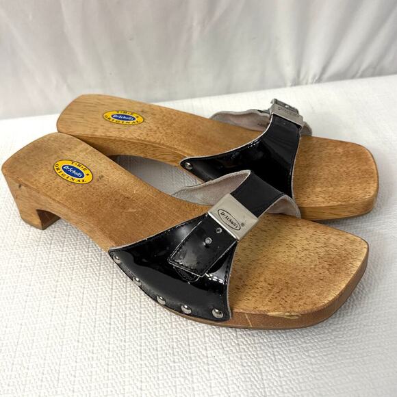 Dr. Scholl's Shoes - Dr Scholls Sandals Womens 8 M Black Leather Wooden Exercise Clog Slide Brazil